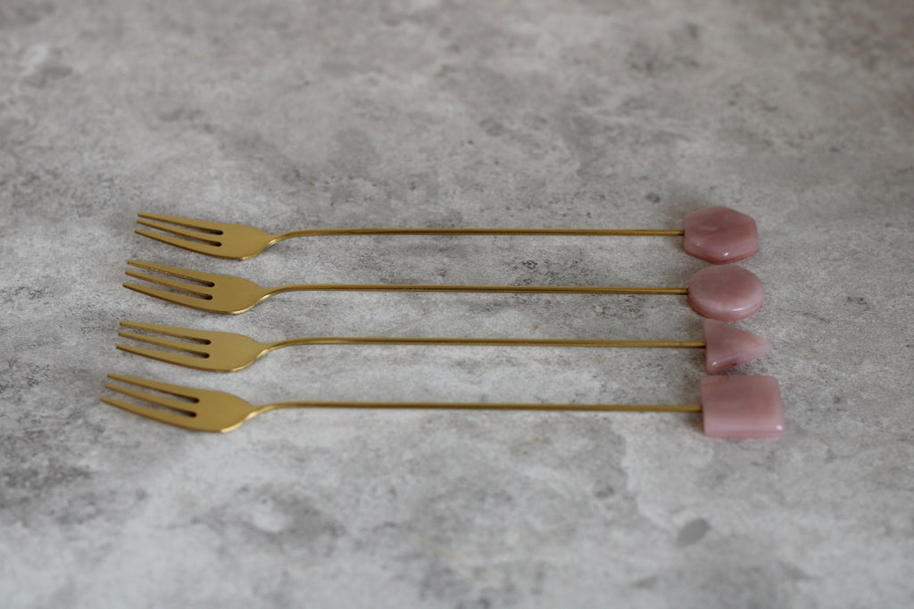 Brass and Pink Long Handle Forks, set of 4.  17cm