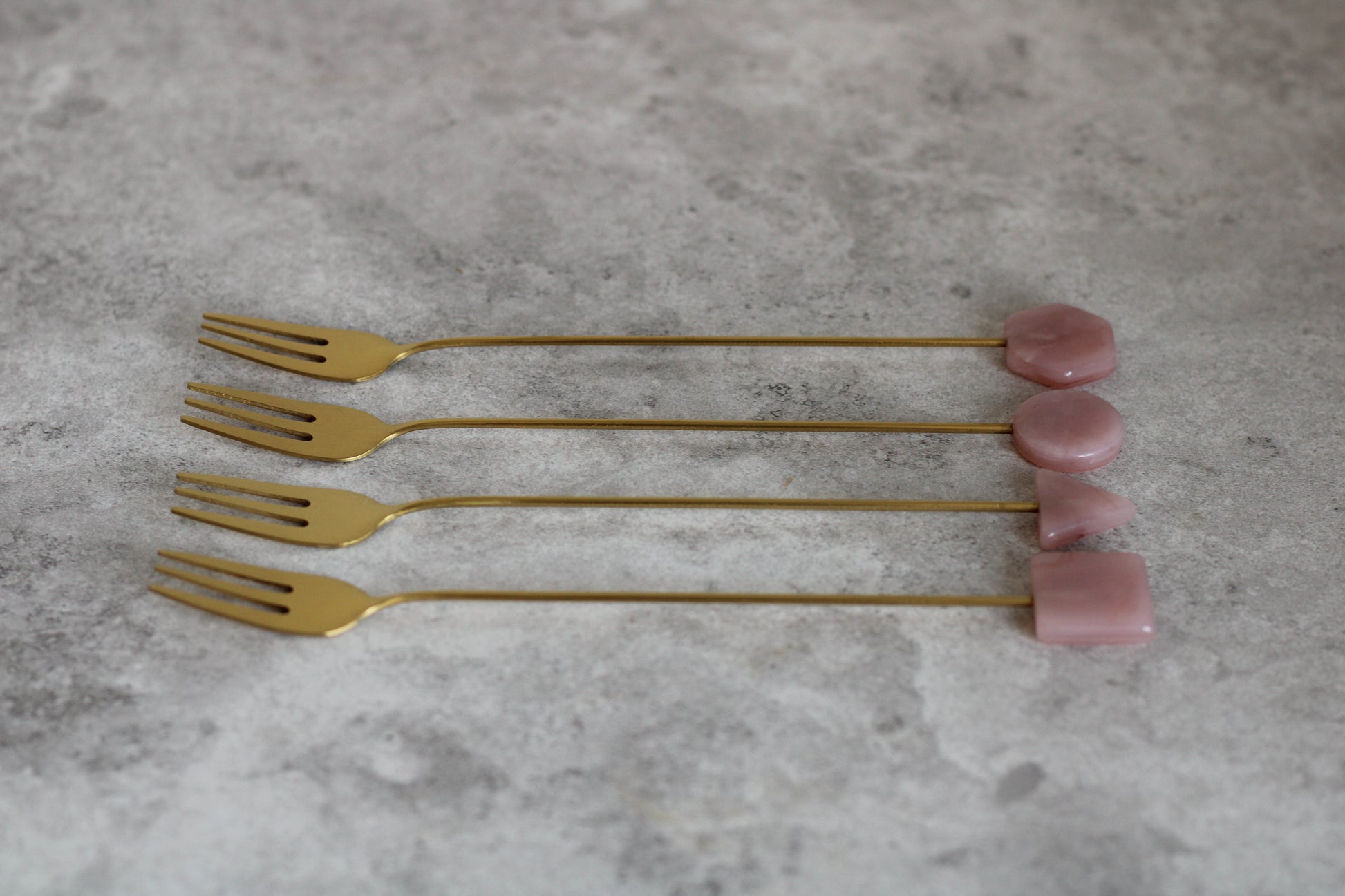Brass and Pink Long Handle Forks, set of 4.  17cm