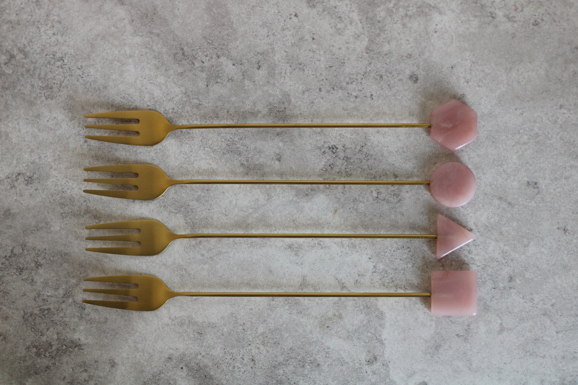 Brass and Pink Long Handle Forks, set of 4.  17cm