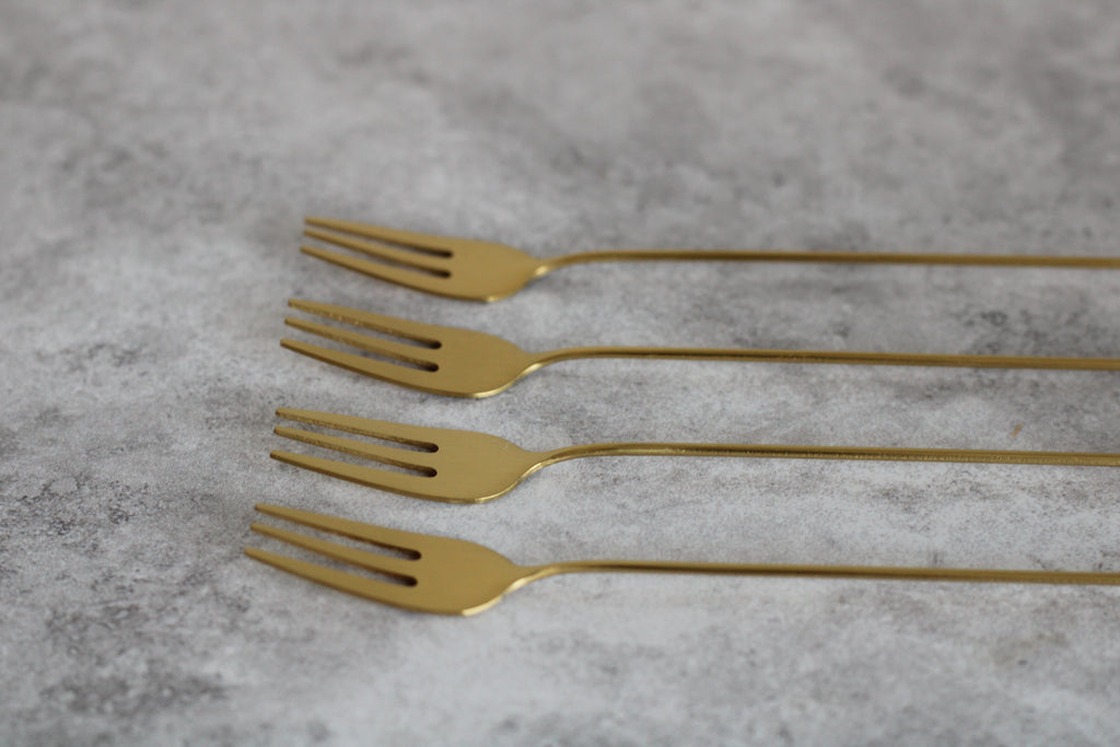 Brass and Pink Long Handle Forks, set of 4.  17cm