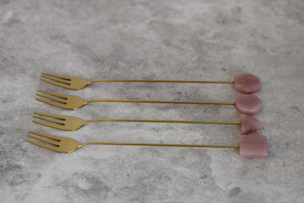 Brass and Pink Long Handle Forks, set of 4.  17cm