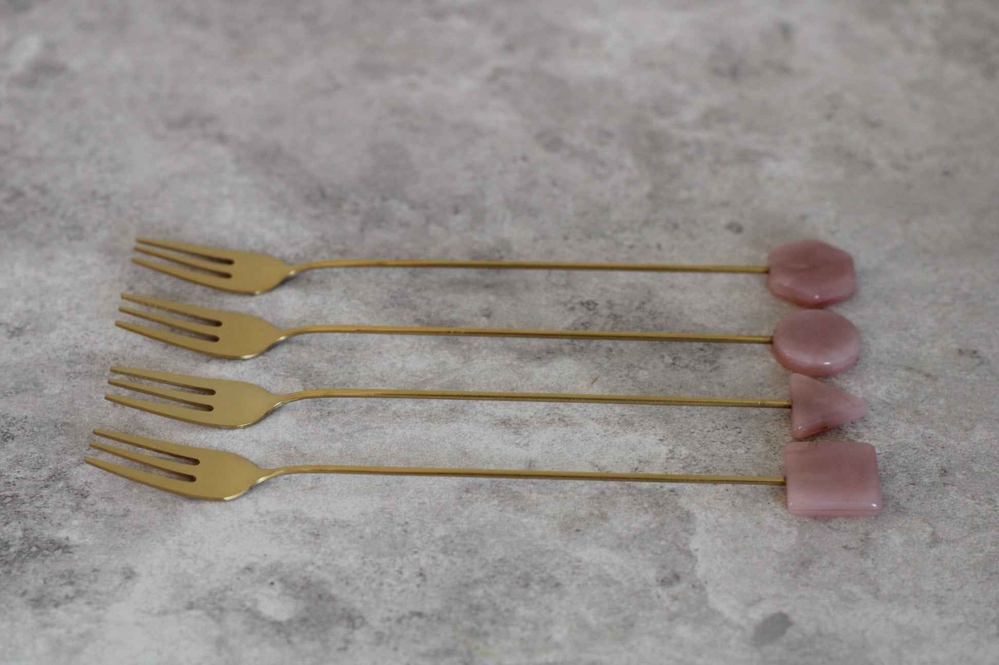 Brass and Pink Long Handle Forks, set of 4.  17cm