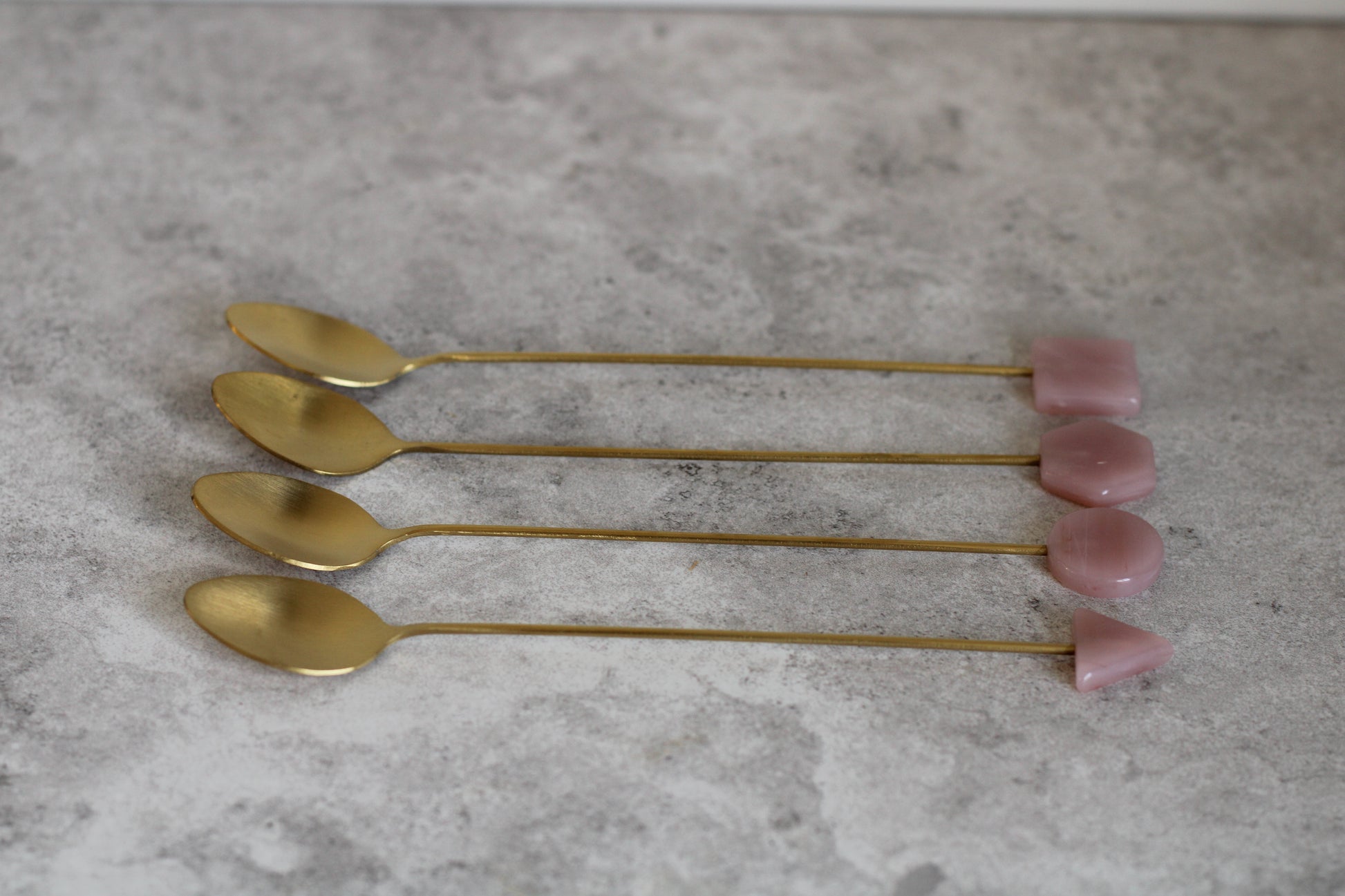 Brass and Pink Long Handle Spoons, set of 4.  17cm
