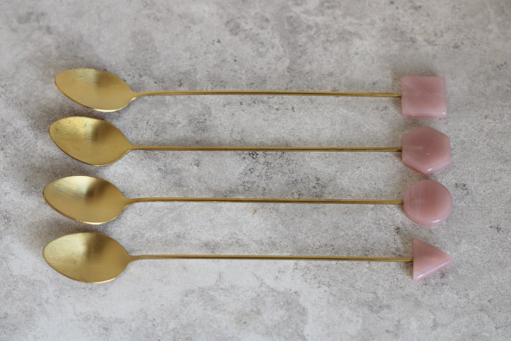 Brass and Pink Long Handle Spoons, set of 4.  17cm