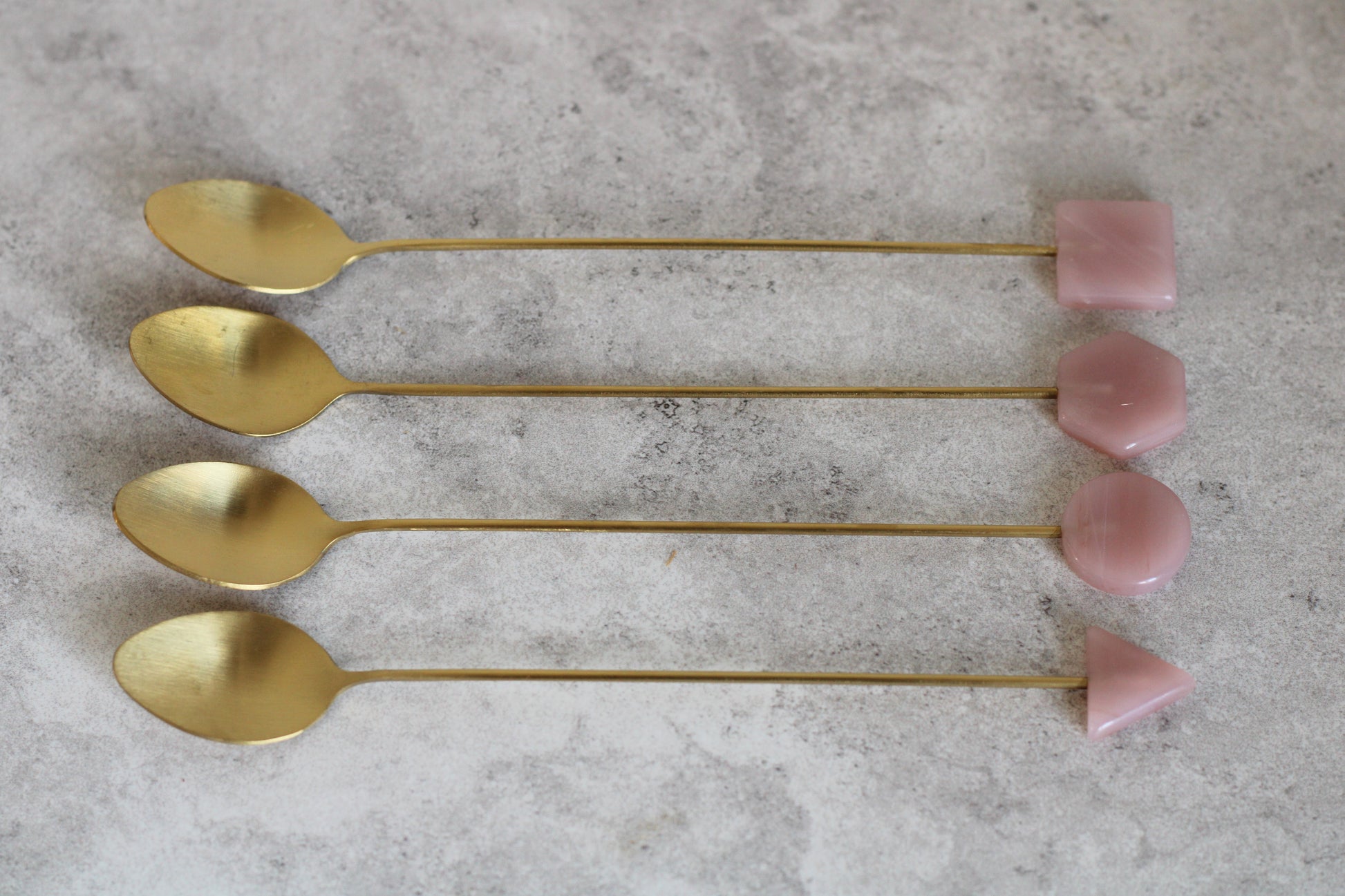 Brass and Pink Long Handle Spoons, set of 4.  17cm