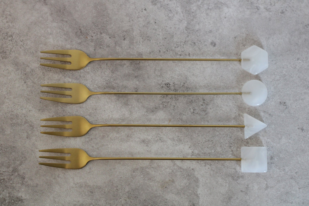 Brass and White Long Handle Forks, set of 4.  17cm