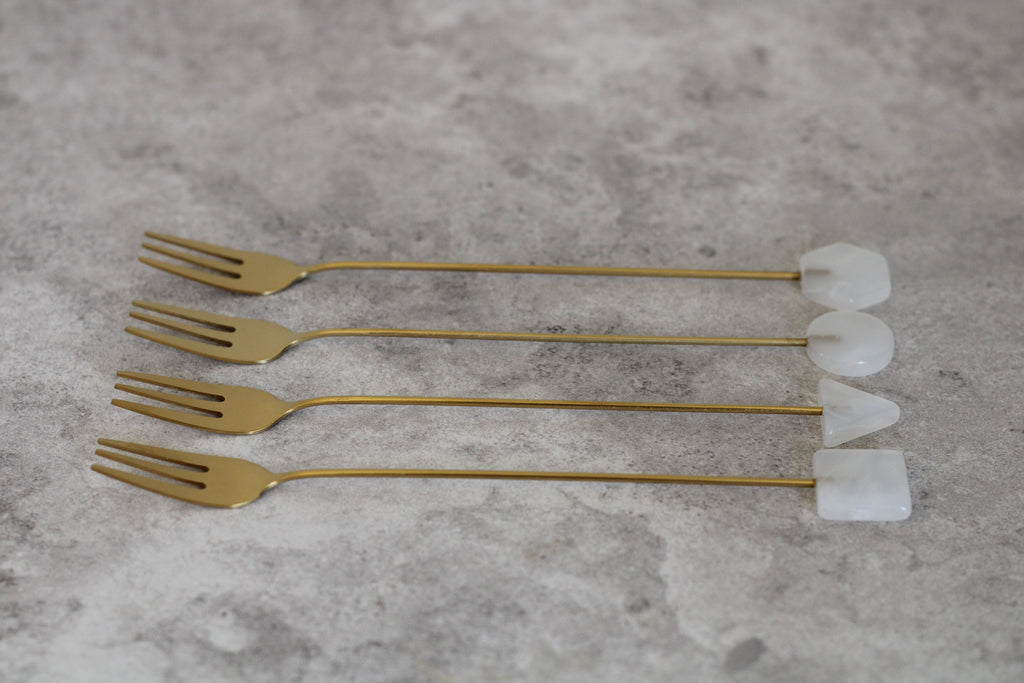 Brass and White Long Handle Forks, set of 4.  17cm