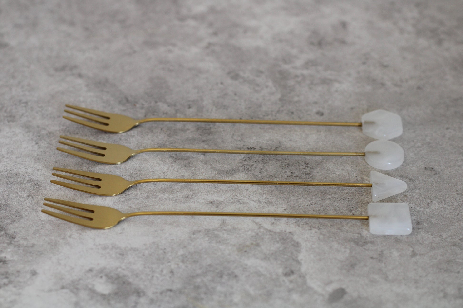 Brass and White Long Handle Forks, set of 4.  17cm