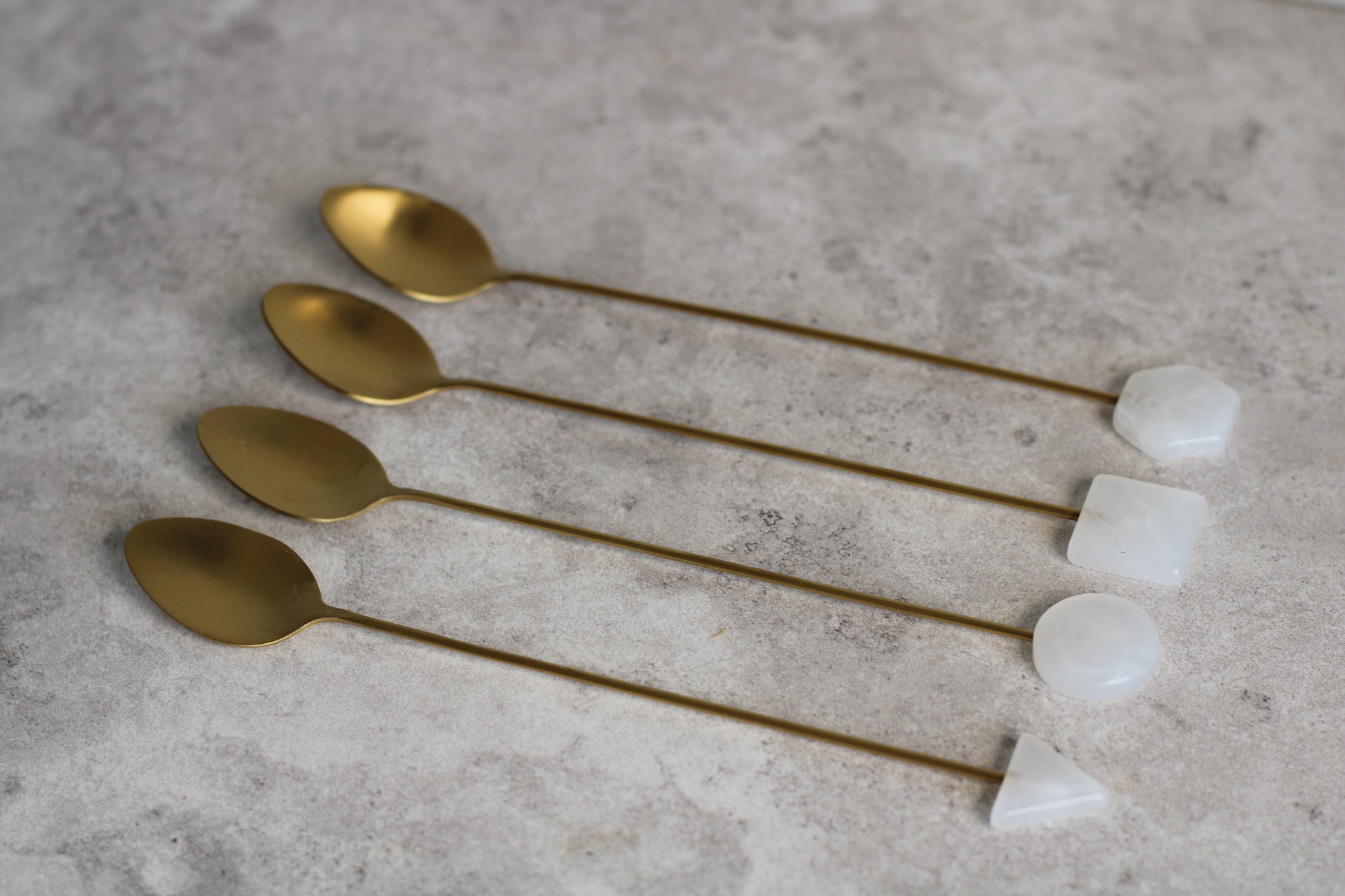 Brass and White Long Handle Spoons, set of 4.  17cm