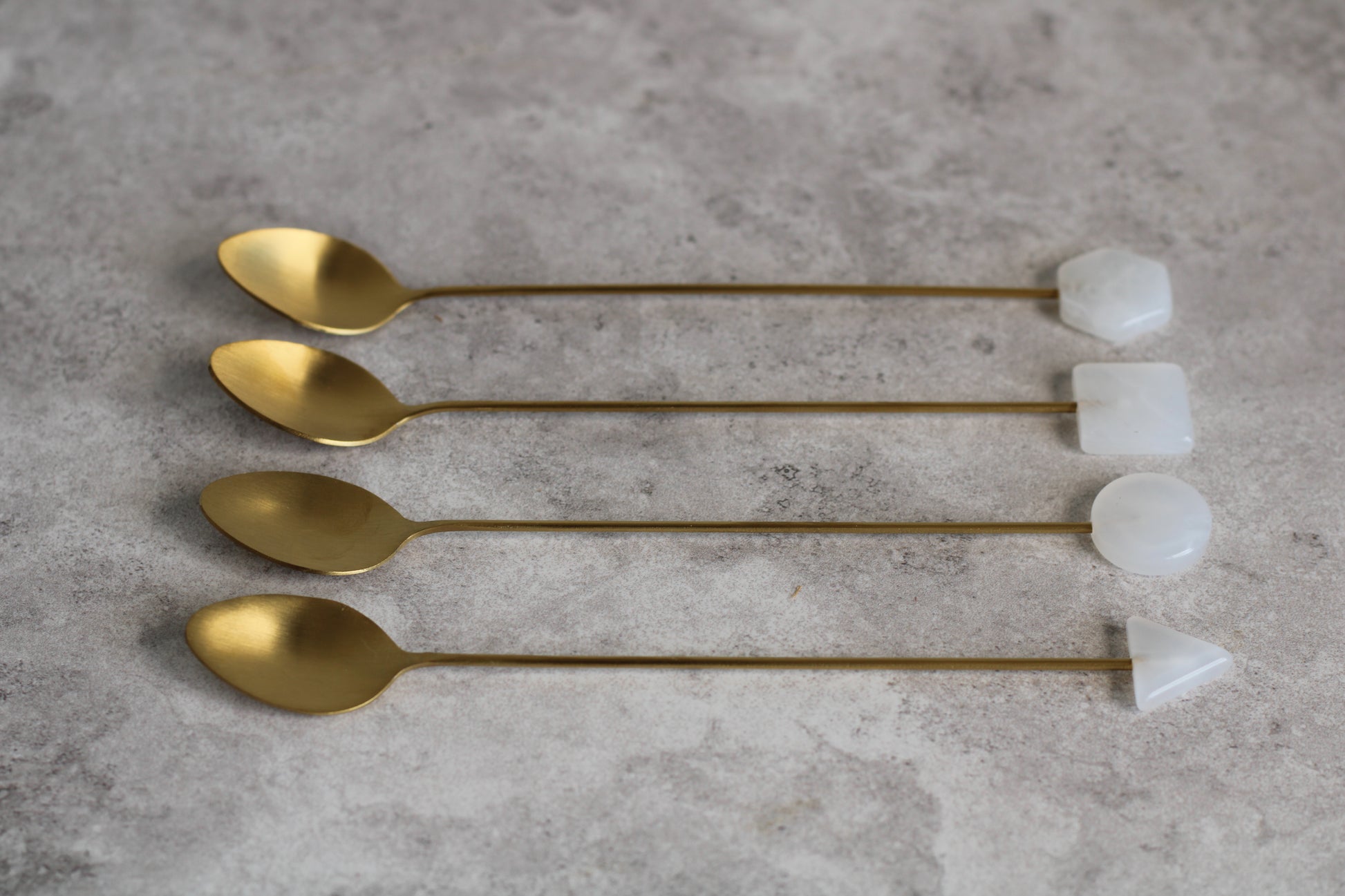 Brass and White Long Handle Spoons, set of 4.  17cm
