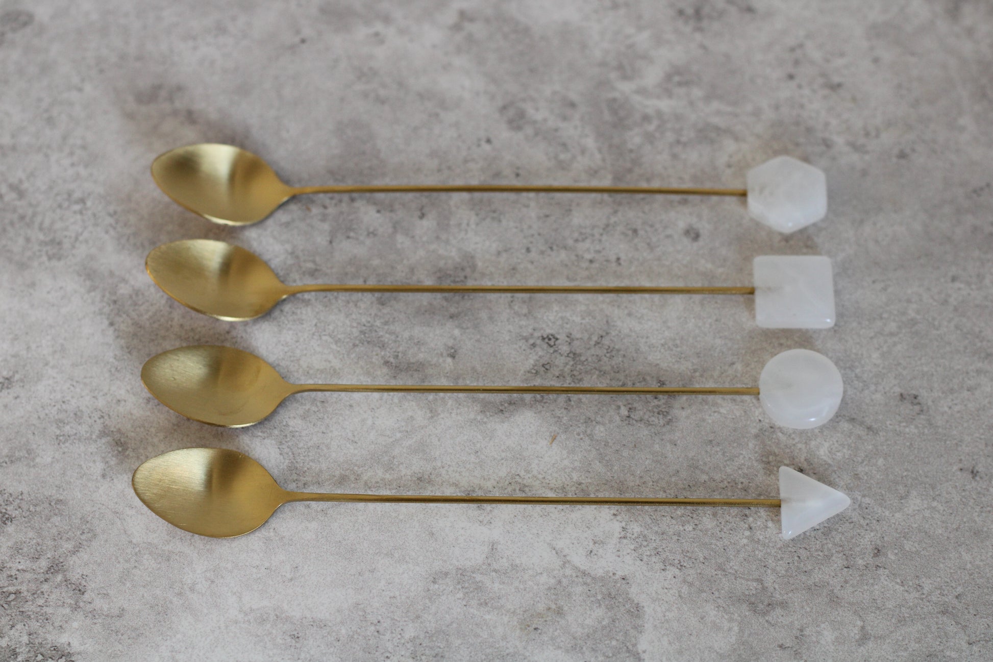Brass and White Long Handle Spoons, set of 4.  17cm