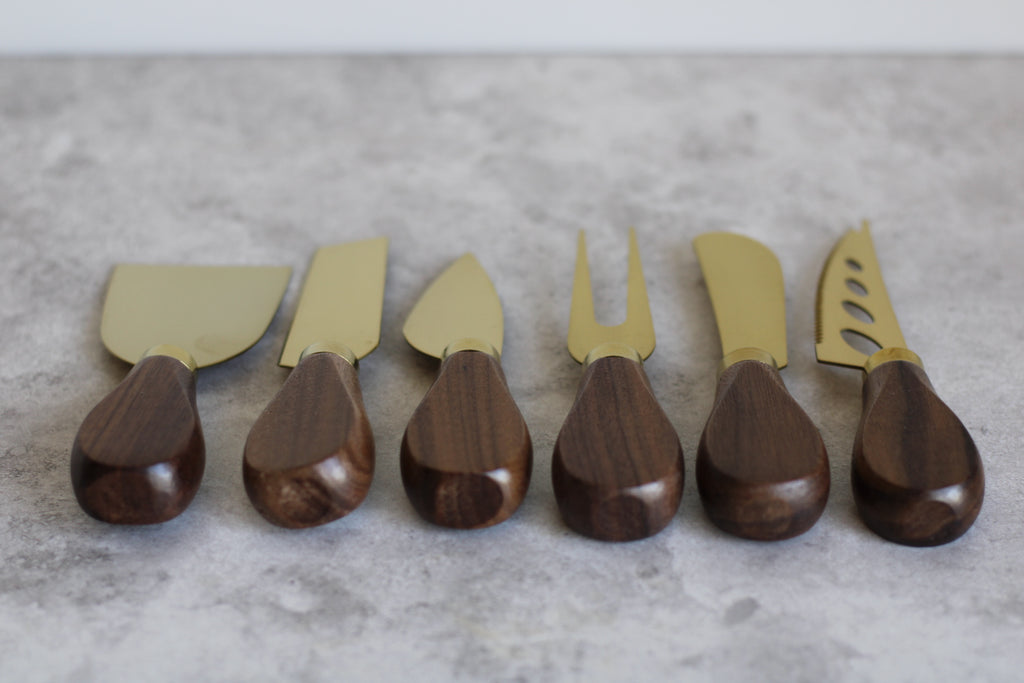 Gold & Wood 6 piece Luxury Boxed Cheese Knife Set