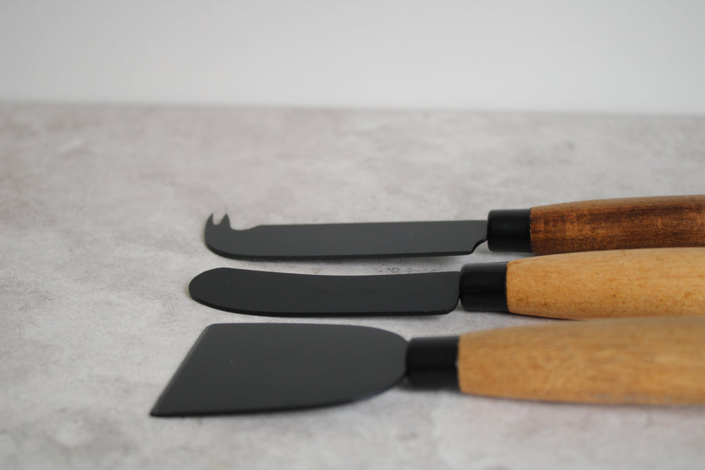 Black and Wood 3 piece Cheese Knife Set 18cm