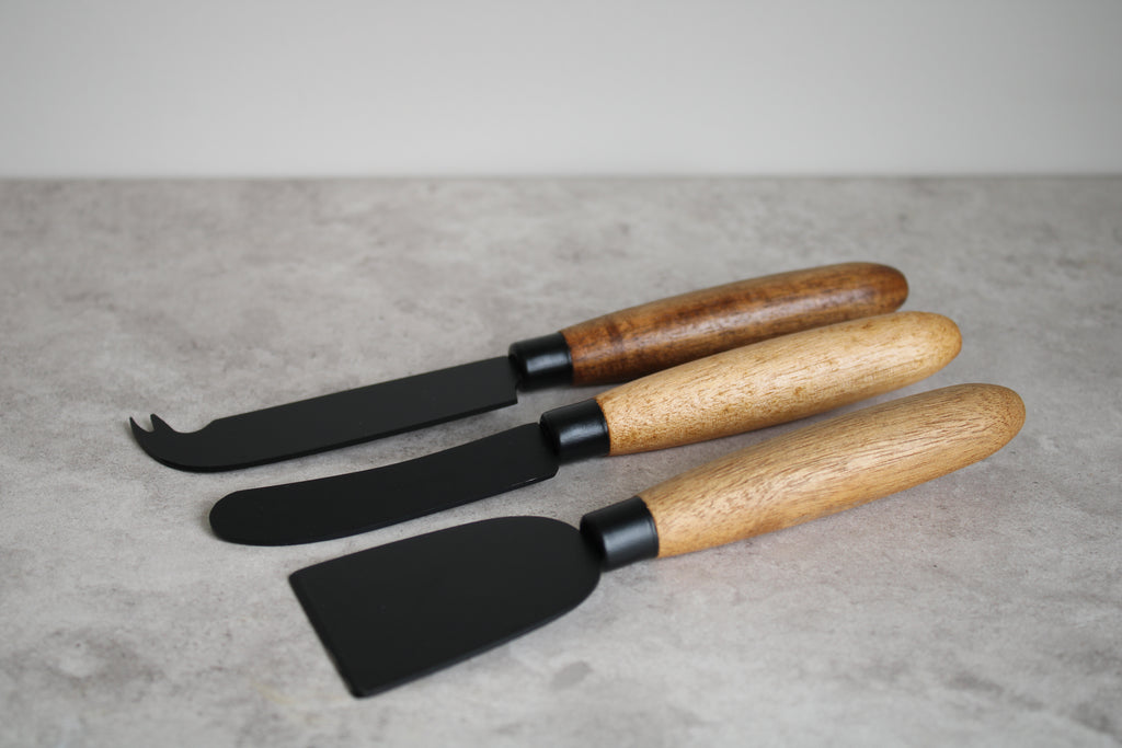 Black and Wood 3 piece Cheese Knife Set 18cm