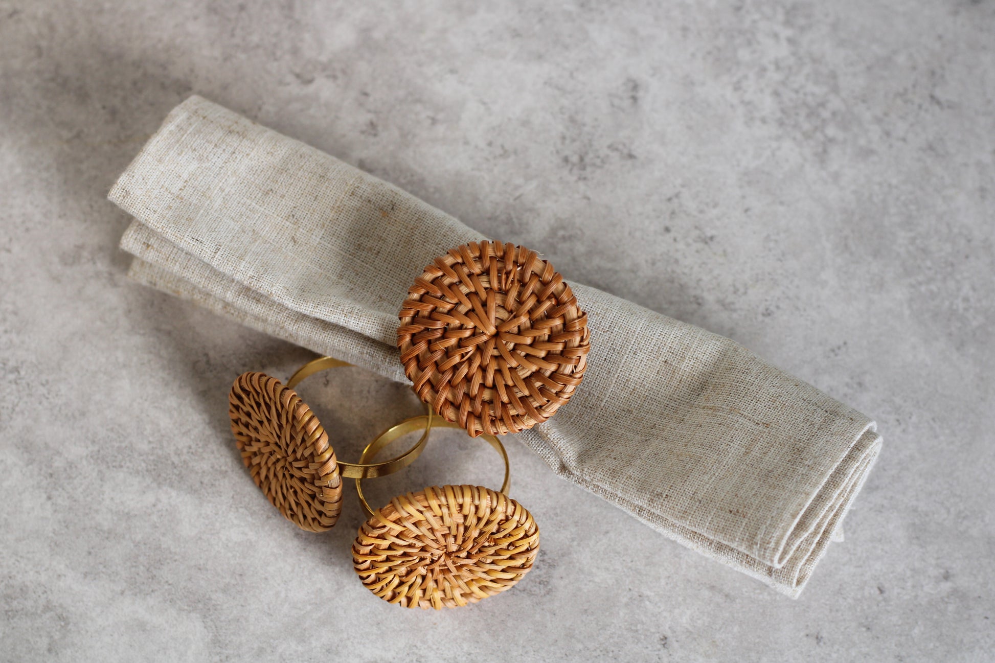 Round Rattan and Gold Napking Rings set of 8