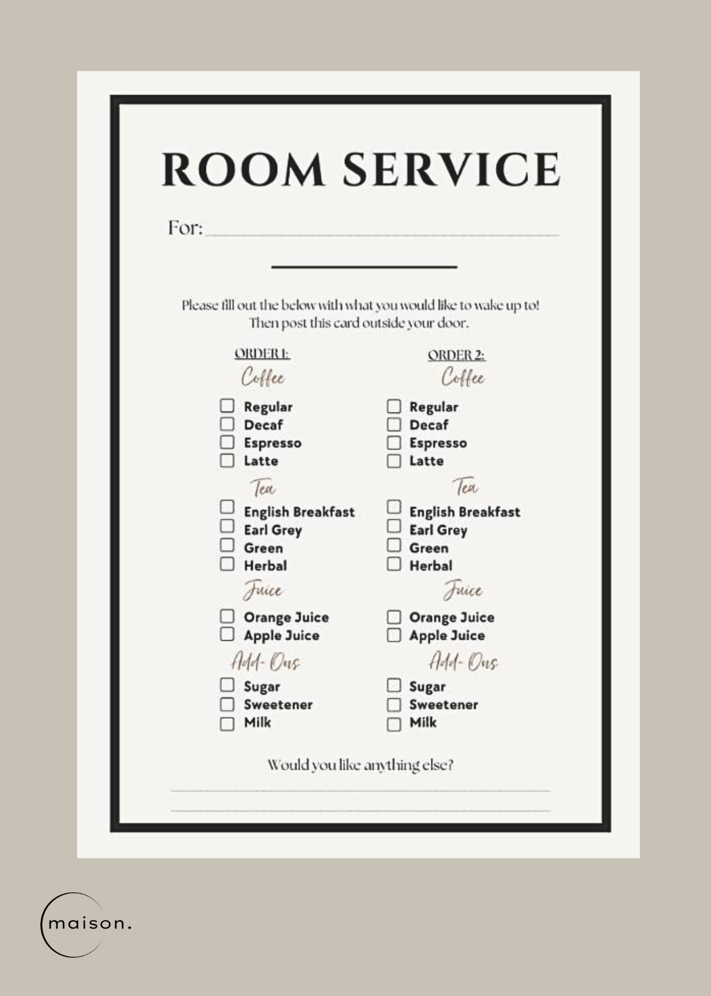 Room Service Form Cards Black | 10 Pack