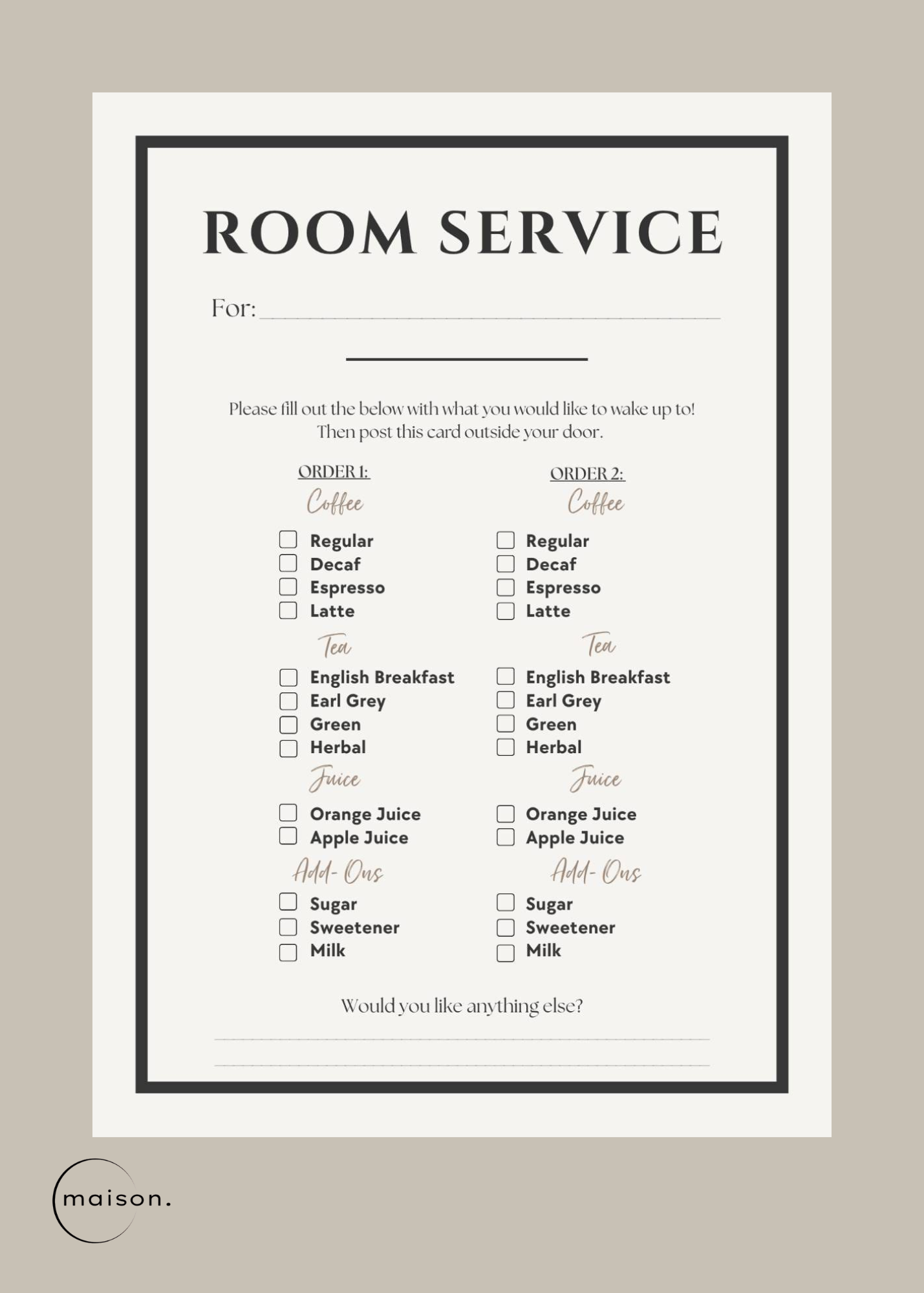 Room Service Form Cards Black | 10 Pack