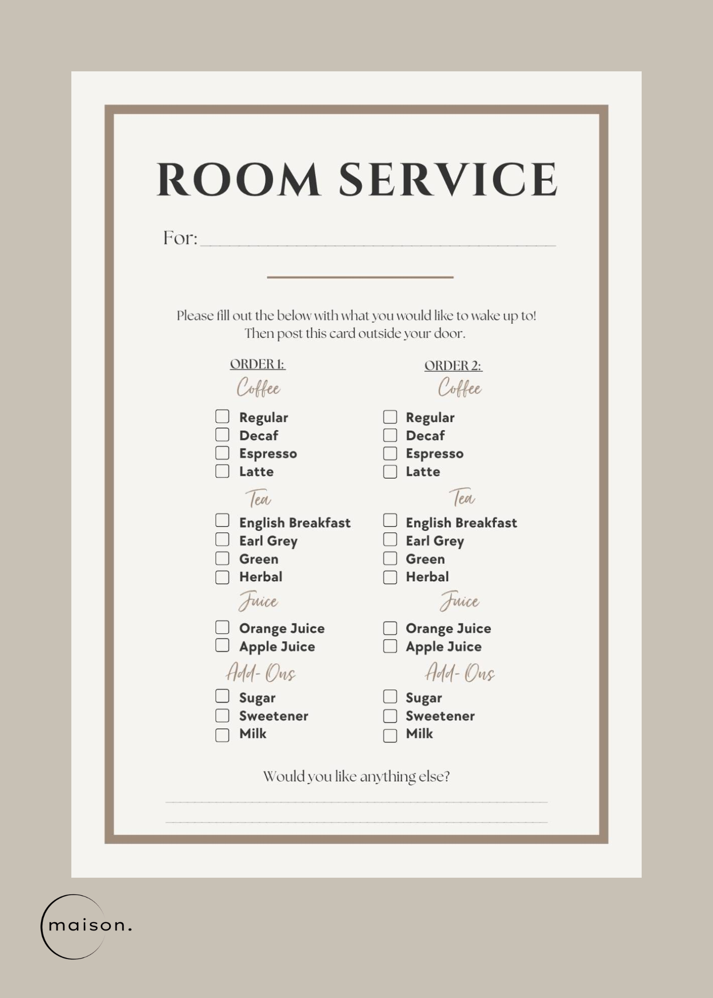 Room Service Form Cards Taupe| 10 Pack