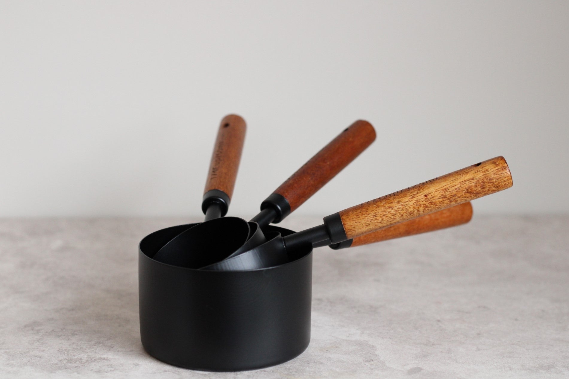 Stainless Steel and Wood Black cup and spoon measures