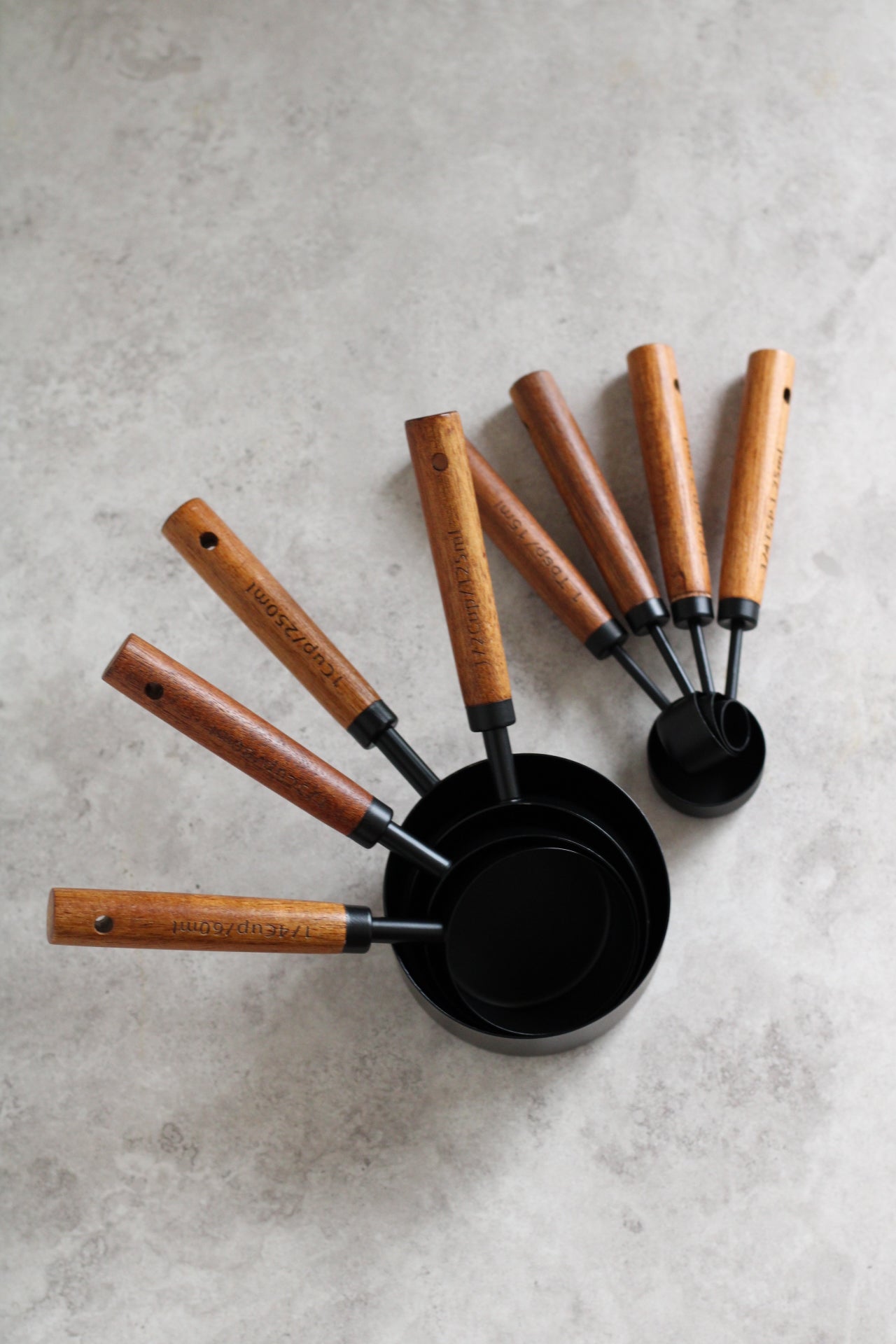 Stainless Steel and Wood Black cup and spoon measures