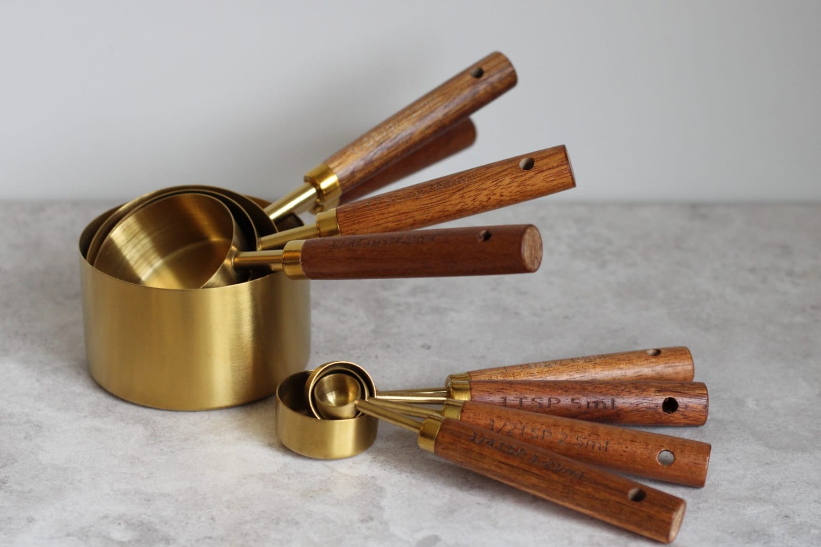 Stainless Steel and Wood Gold cup and spoon measures